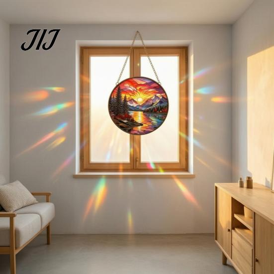 Window Light Refracting Art Stained Glass Style Suncatcher, Mountain Sunset Landscape Hanging Ornament, Colorful Artistic Sunlight Reflector