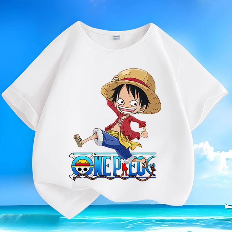 Newly Released Printed Cartoon One Piece Character Luffy for Boys and Girls Childrens Roundneck Summer Shortsleeved Shirt 100