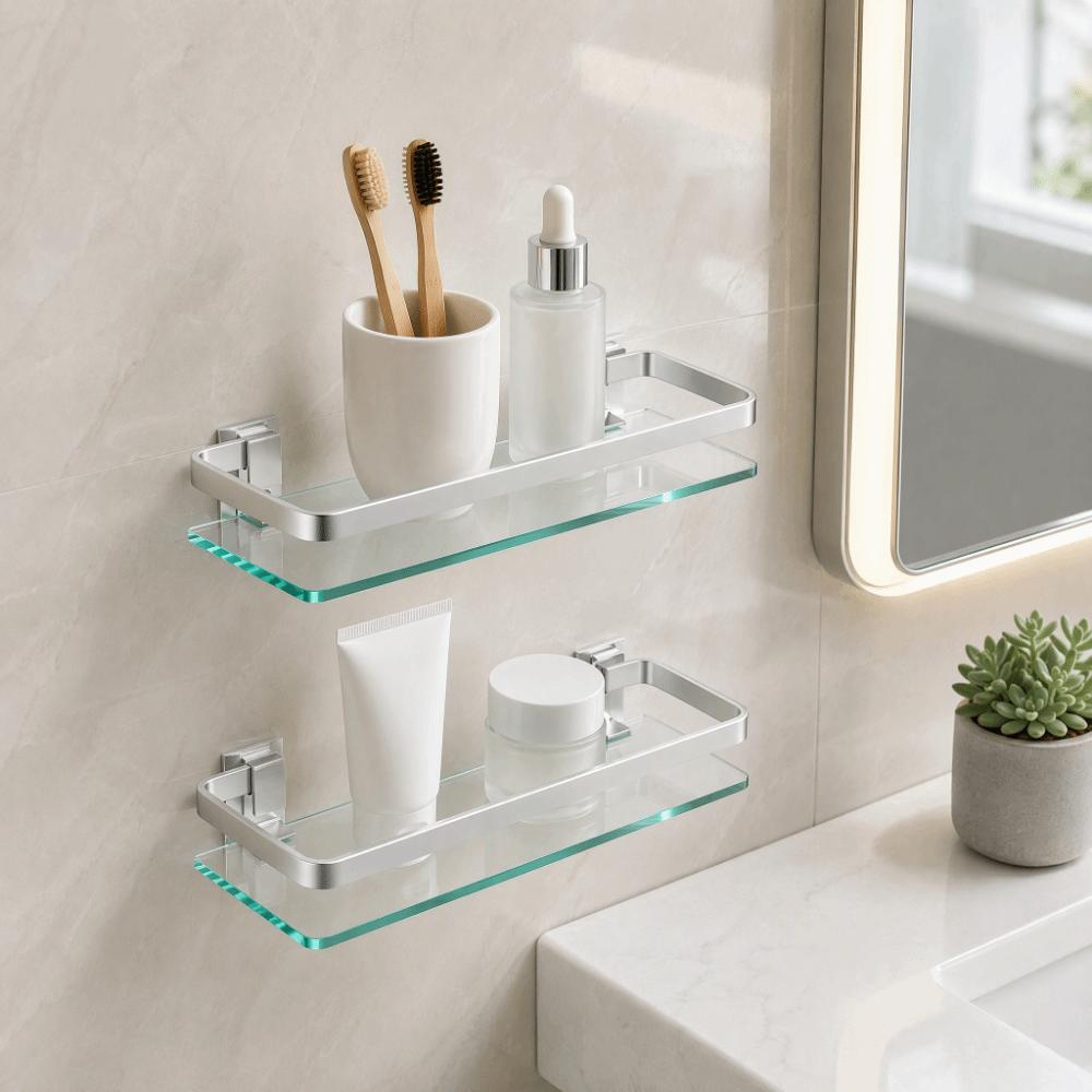 Silver Glass Shelf Organizer Tempered Thickened Glass Shower Caddy  Home Organization