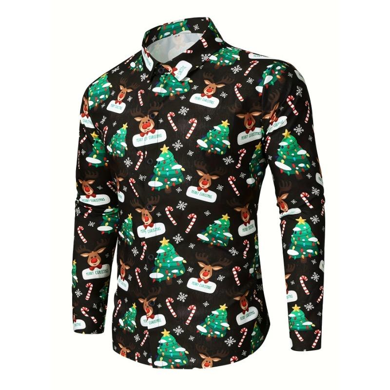 Christmas Theme Men's Gift Elk Graphic Printed Formal Shirts Christmas Graphics Long Sleeve Shirt Fashion Men's Shirts For Men