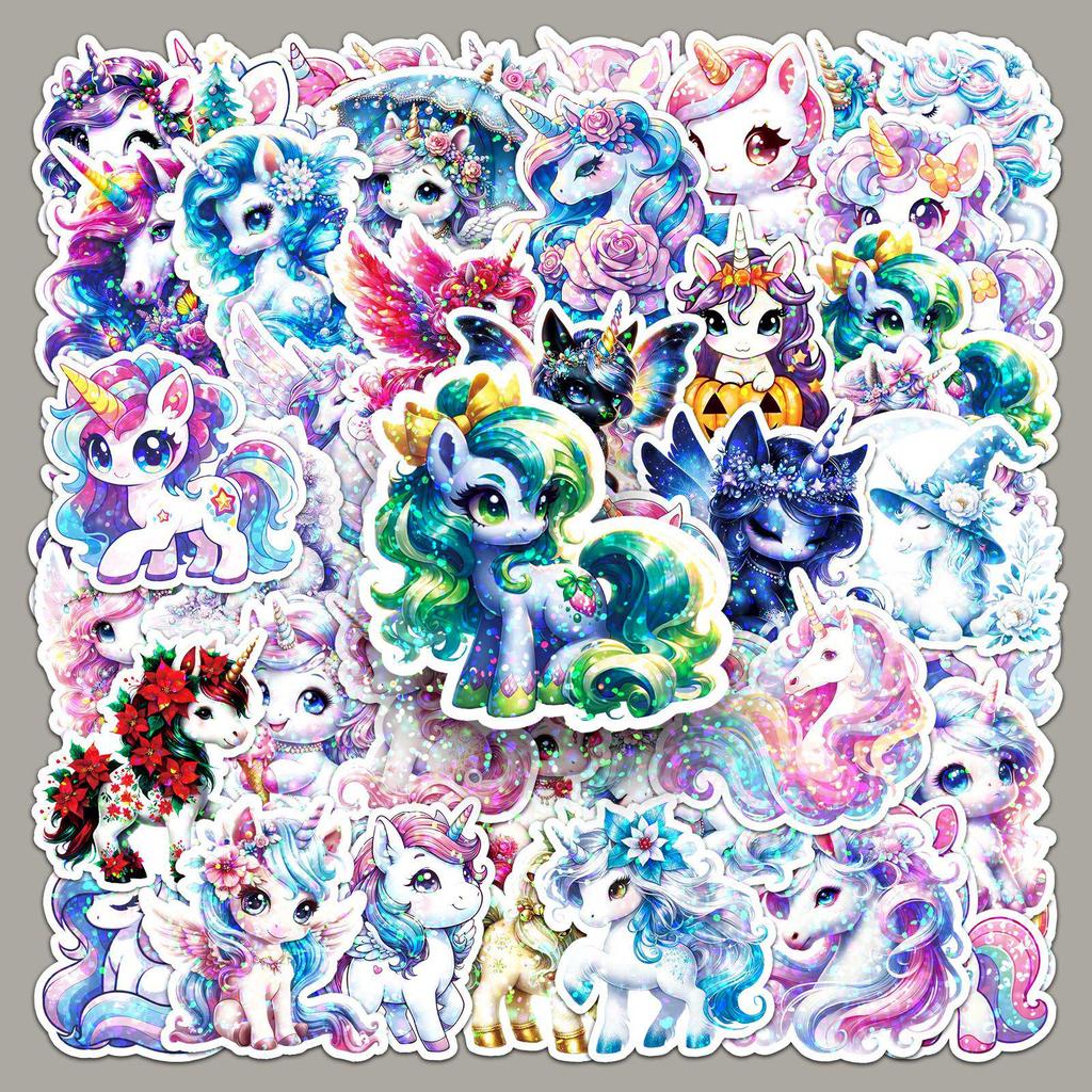 50 Unicorn Rainbow Horse Laser Stickers - Cute Holographic Hearts for Fridge, Diary, and Computer