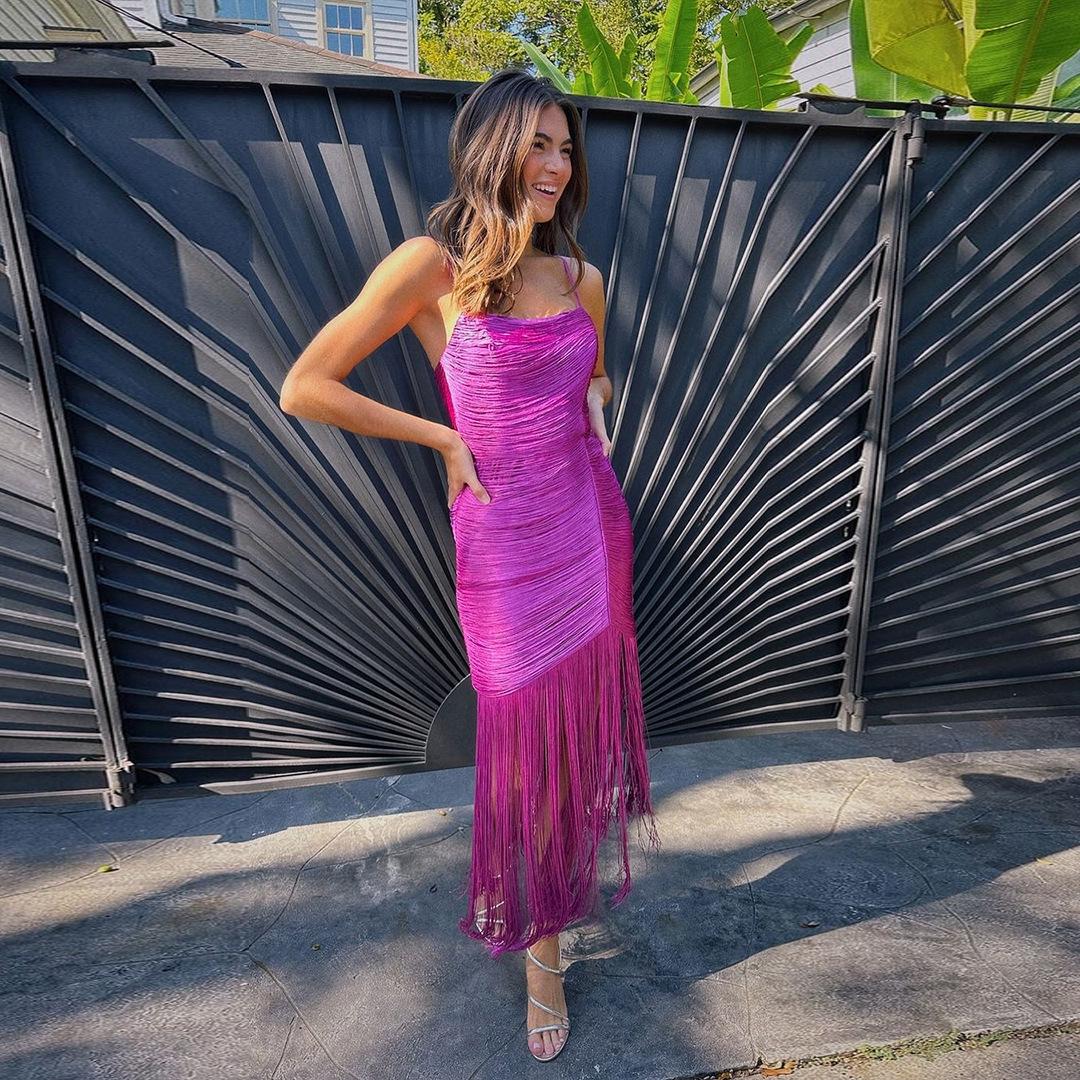 European & American Fringe Off-Shoulder Sexy Spaghetti Strap Bodycon Party Dress S розы красного