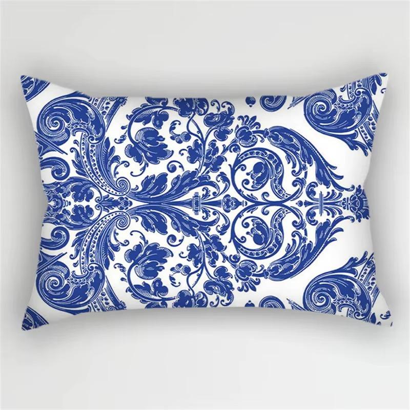 Blue Ink Flowers and Leaves Stripes Pattern Print Decoration Bedroom Living Room Office Home Rectangle Pillowcase