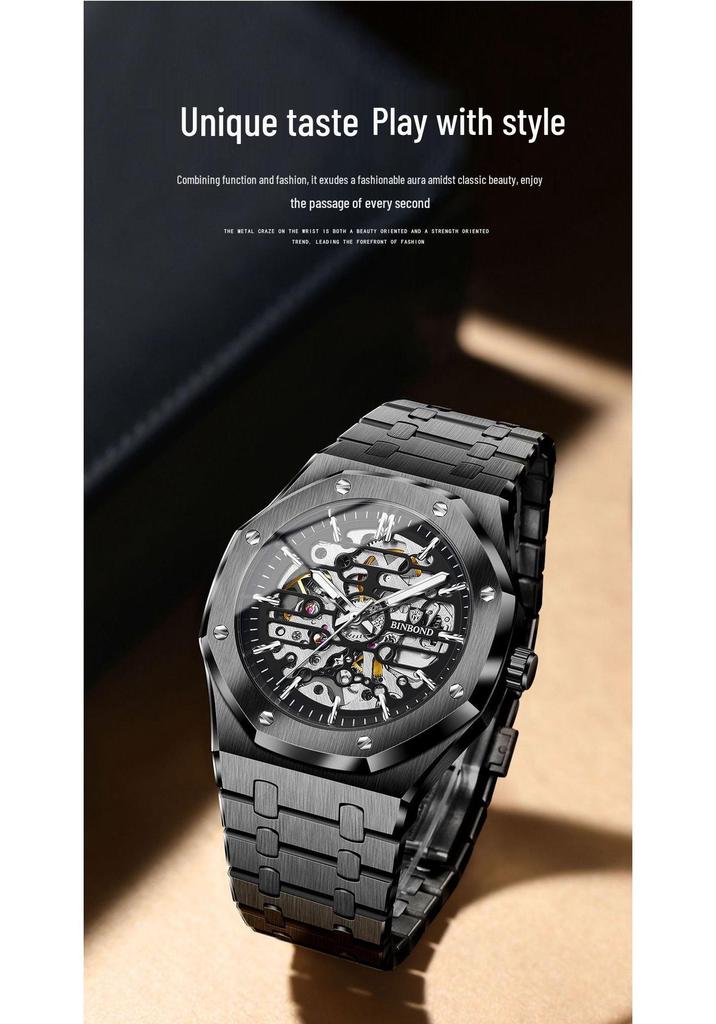Binbang Men's Automatic Waterproof Skeleton Mechanical Watch - High-End Alloy Design