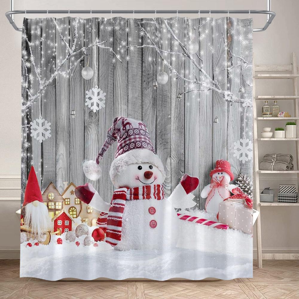 Winter Christmas Shower Curtains Funny Santa Claus Reindeer Snowman Red Xmas Balls Snow Home Bathroom Curtain Decor With Hooks