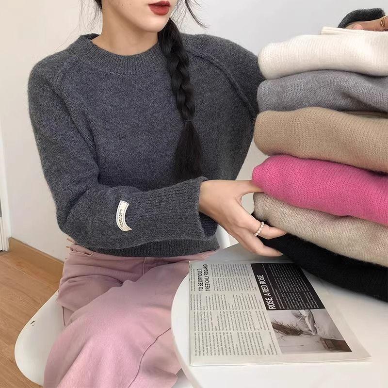 New Korean Chic Round Neck Loose Sweater Women Winter Solid Bottoming Shirt Knitted Tops Simple Design Casual Pullover
