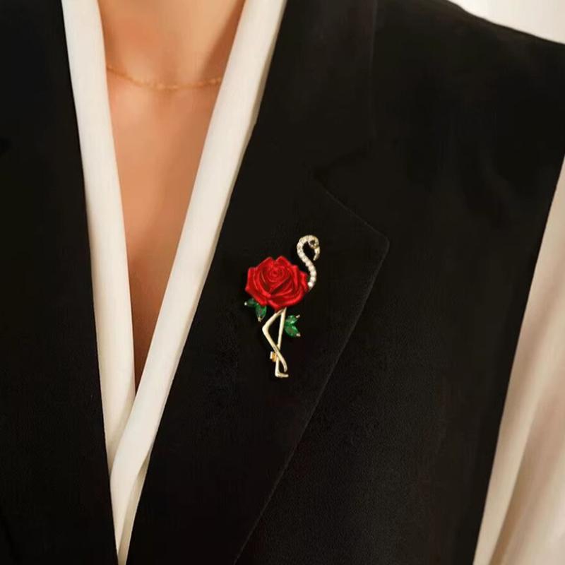 Exquisite Fashion Rose Flamingo Bird Brooches For Women Men Vintage Pins Versatile Shiny Corsage Clothing Accessories Gifts
