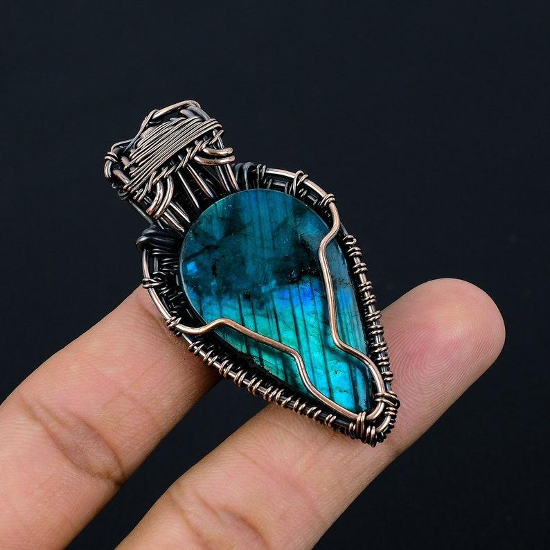Blue Flash Labradorite Gemstone Pendant Copper Wire Wrapped Pendant Necklace Labradorite Pendant Jewelry Labradorite Jewelry Gift for Her