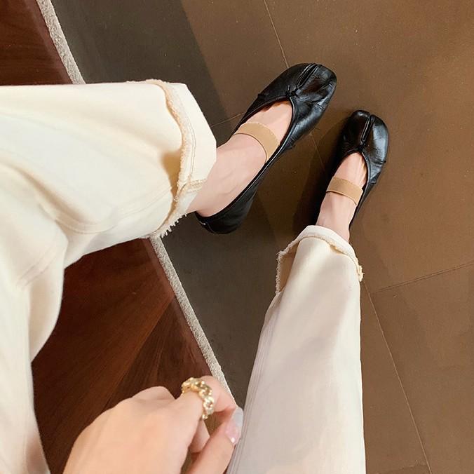 Grape mother of the same style~ Summer fashionable shallow mouth soft sole sheepskin flat bottom with skirt pig's trotters split toe single shoes w