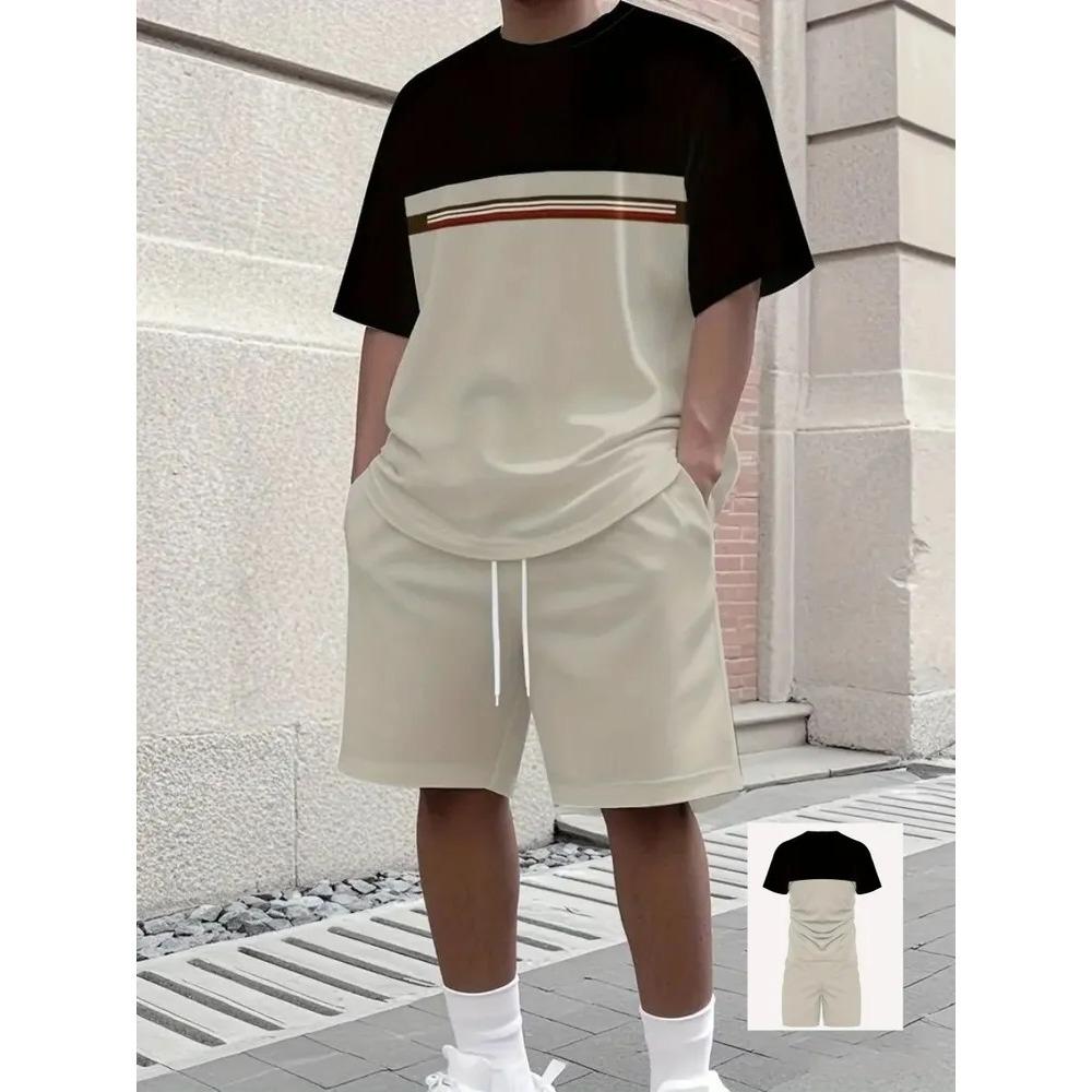 Summer Fashion Comfort Plus Size Sports Leisure Comfortable Two-piece Set Letter Stripes 3D Printing Loose Breathable Men's Sports Wear