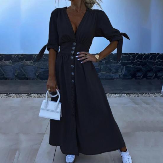 Women's Denim Long Dress V-Neck Short Sleeve Button Down Maxi Dress Casual Jean Dress for Spring Summer