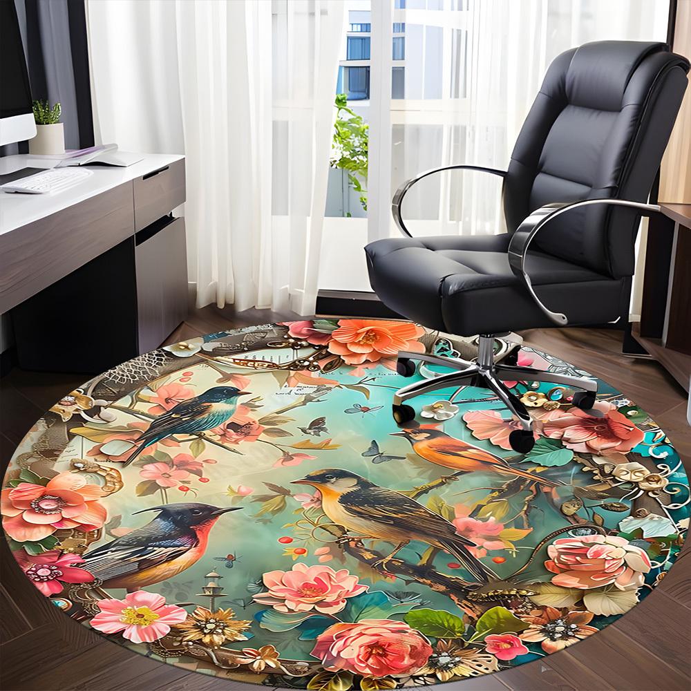 1PC Floral Birds Office Round Area Rug, Mat Suitable For Office, Under Office Chairs Bedroom Living Room Home Decor, Room Deco