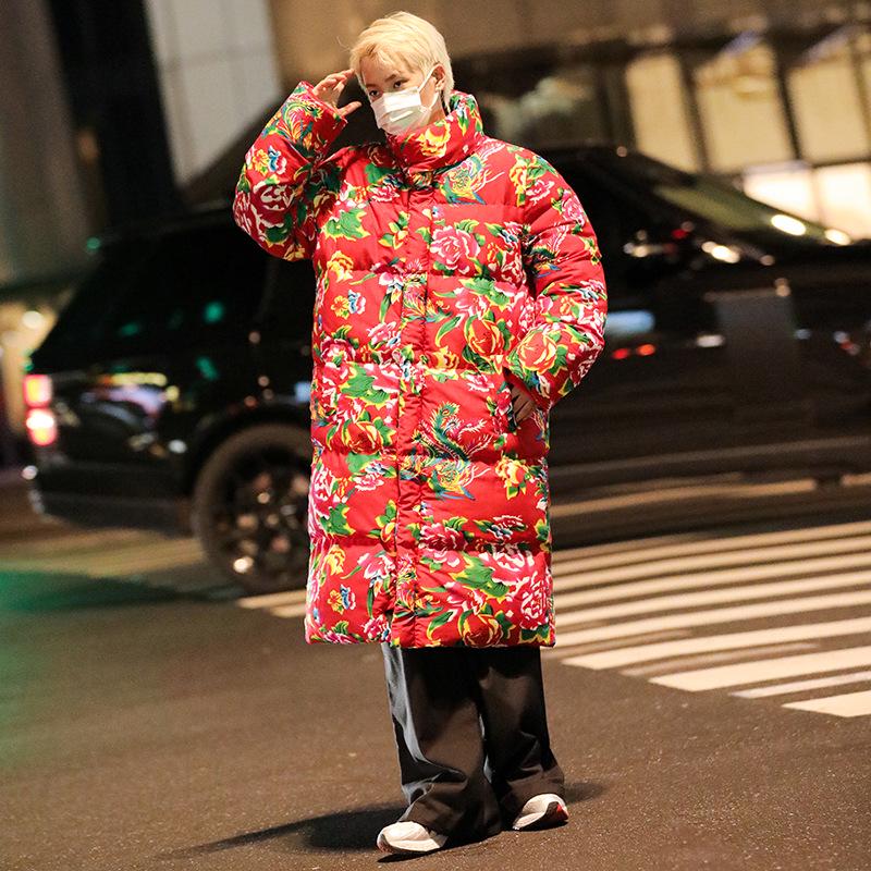 A3 Cotton Padded Hanfu Jacket: Unisex Long Loose Fit, Warm Flower Design, Trendy Cold Protection
