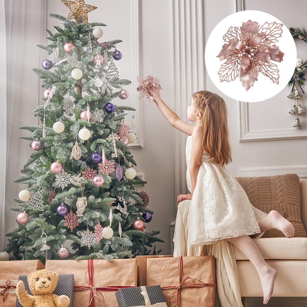 12pcs Christmas Tree Flower Garland Hanging Decor Poinsettia Simulation Flowers Festive Ornament For Holiday Fireplace Xmas Eve