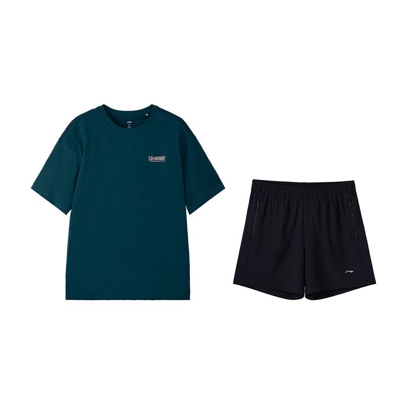

Li-Ning Fashionable Versatile Cotton Short Sleeve Simple Comfortable Pants Casual Sports Suit Women suit Dark-Reef-Green Black W865-1+W518-1 L