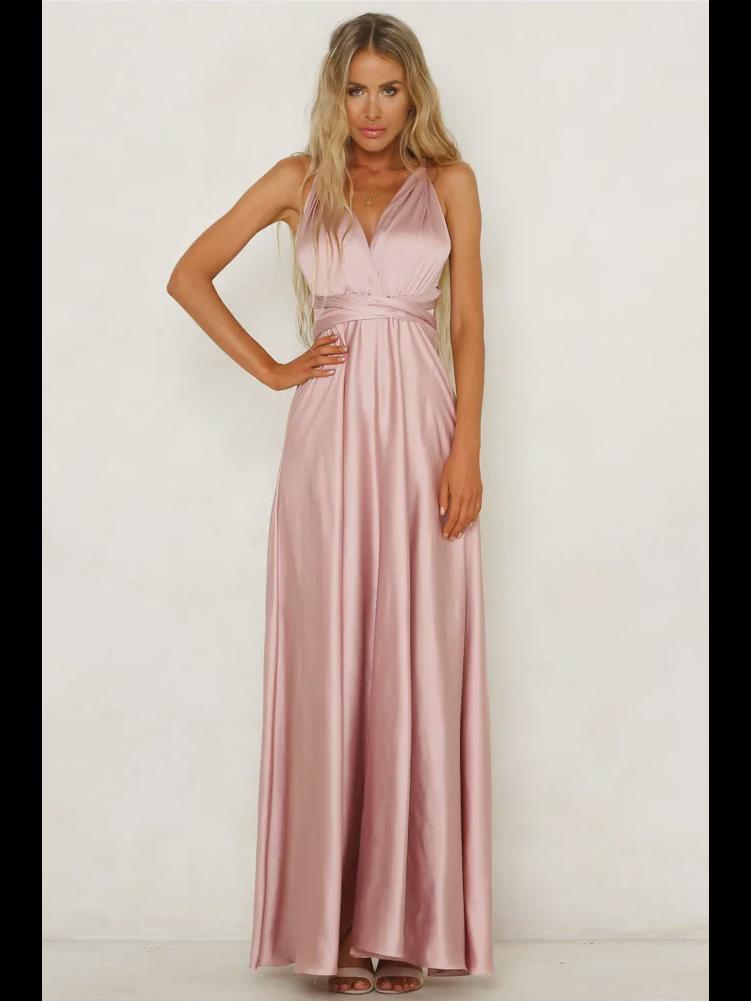 Europäisches und amerikanisches Abendkleid aus Satin mit tiefem V-Ausschnitt für Damen – eleganter, einfarbiger, langer Rock