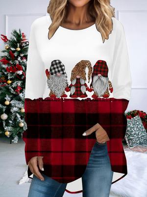 Plus Size Women Spring Christmas Printed Comfy Long Sleeve Round Collar T-shirt Casual Baggy Mid Length Tee Tops