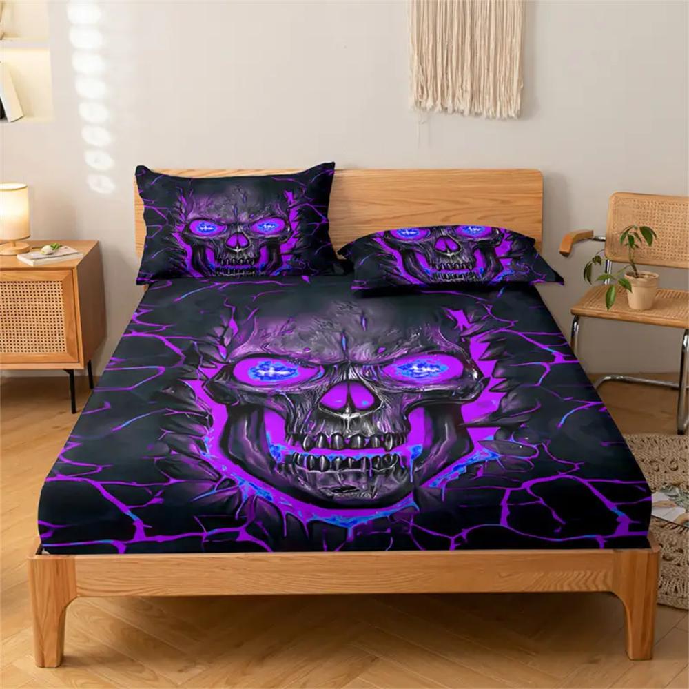 3pcs Purple Light Skull Pattern Fitted Sheet Set-Soft And Comfortable Bedding Cover Set For Bedroom, Guest Room And Dorm Decor