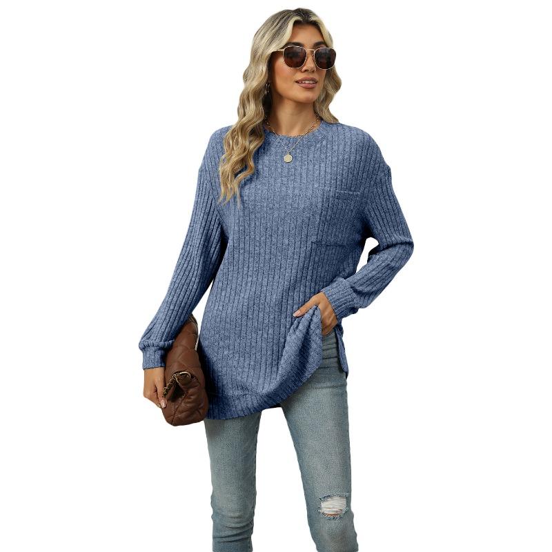 Autumn Winter Round Neck Pocket Hem Slit Loose T-shirt Solid Color Knitwear Pullover Top for Women
