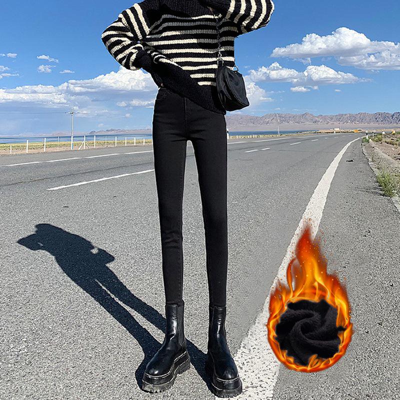 Black High-Waisted Plus Velvet Stretch Skinny Jeans for Women - Winter 2021, Slimming Plus Size, Warm & Thickened.