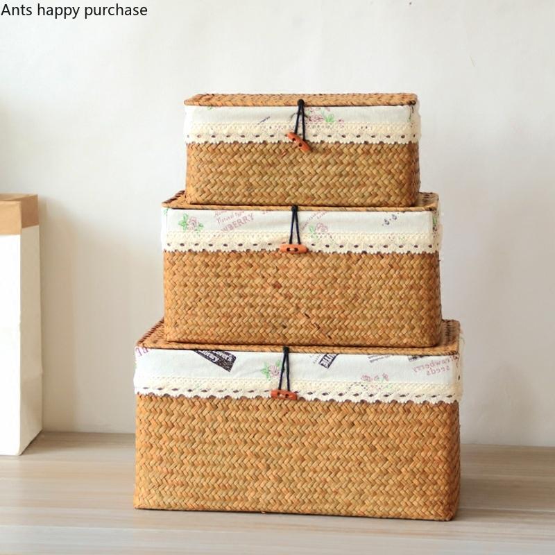 Seetanggewebte Kiste, Graskorb mit Deckel, Haushaltsaufbewahrungskorb, Snackaufbewahrung, Rattanstoff, rechteckig, Schlafzimmer-Sortierboxen