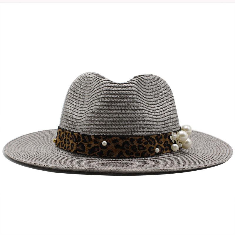 Spring And Summer Leopard Print Pearl Straw Sun Protection Visor Straw Hat Dame Top Hat