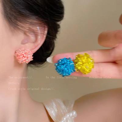 Cool Blue Beaded Stud Earrings Niche Design High-End Earrings Vacation Style Pure Handmade Earrings
