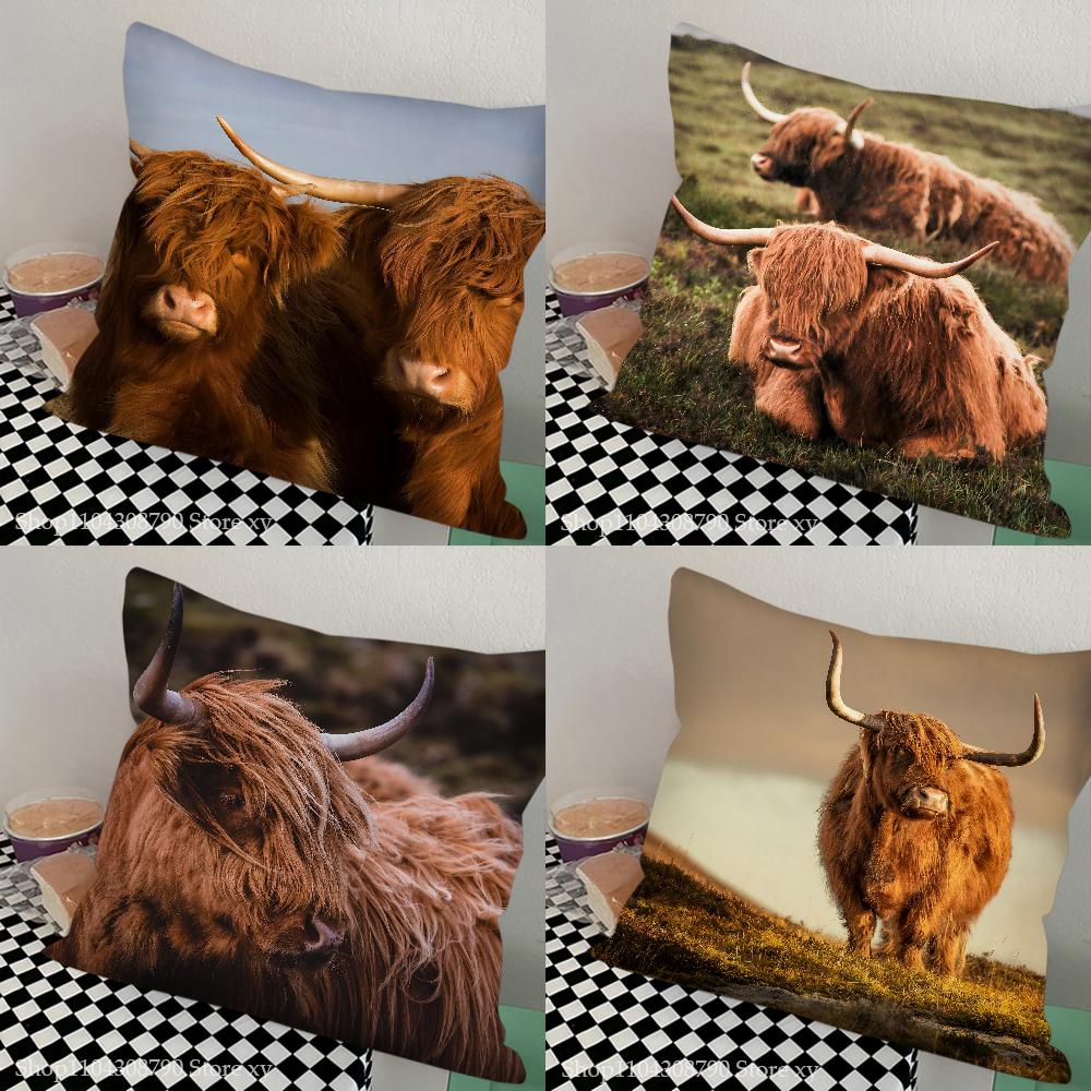 Scottish Highland Cattle Pillow Case Fashion Square Pillowcase Bedroom Sofa Room Ins Decoration Leisure Cushion Cover 40x40