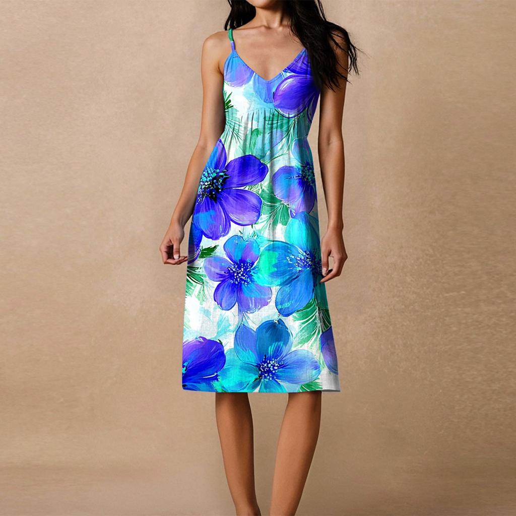 Women's Spaghetti Strap Backless Bow Loose Casual Beach Vacation Floral Printed Dress Sundress