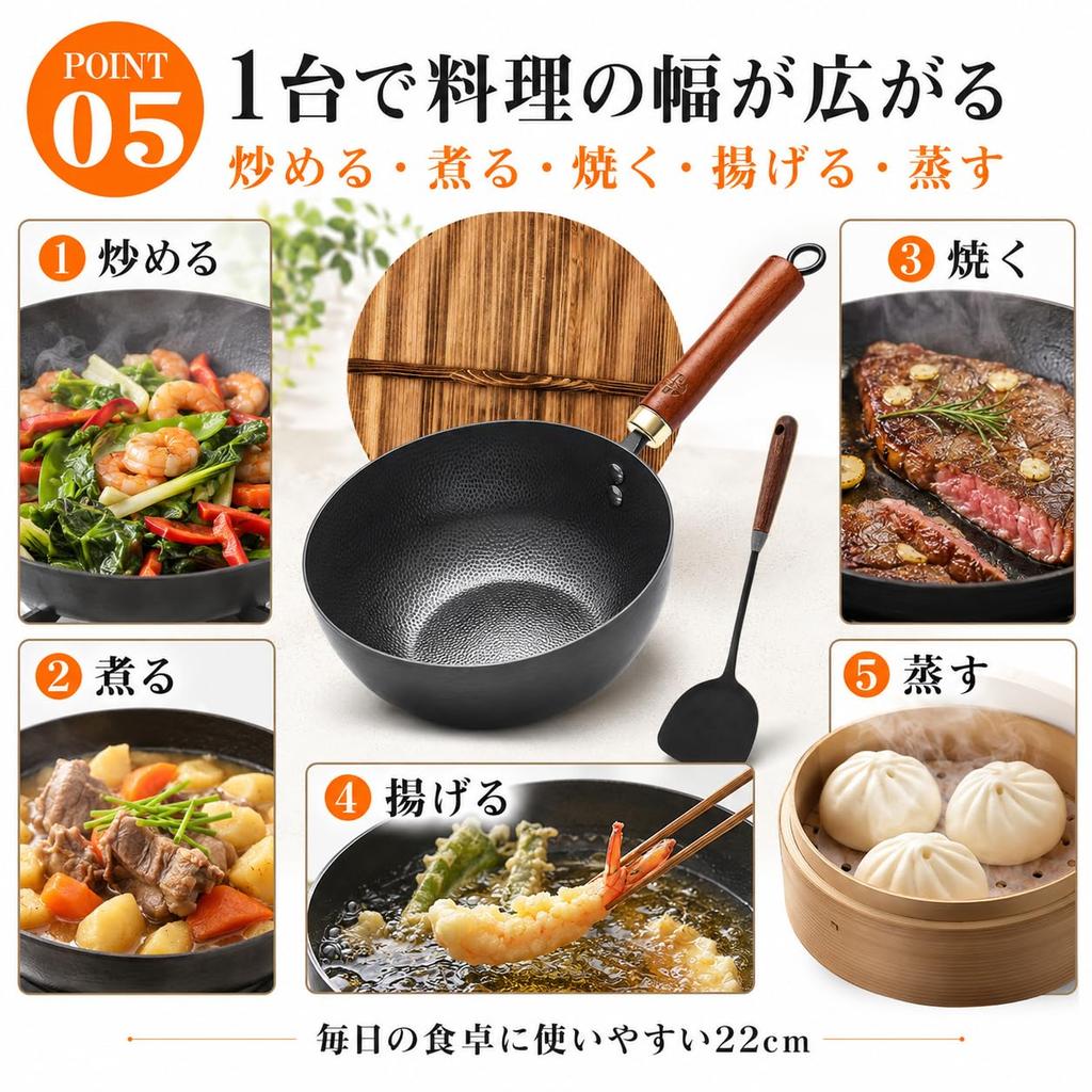 WANGYUANJI 22cm Wok, Stir-fry Pan, Cast Iron, Nitrided, Non-stick, Uncoated, Textured Surface, IH and Gas Stove Compatible, Wooden Lid, Iron Spatula