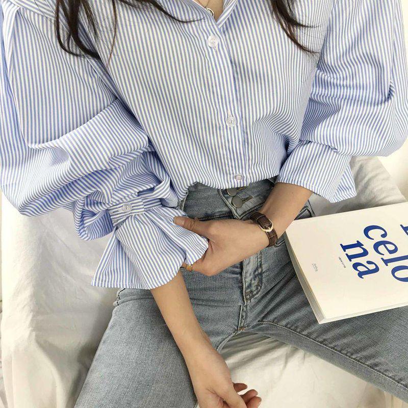 2024 Korean-Style Loose Striped Shirt for Women - Trendy Spring & Autumn Top