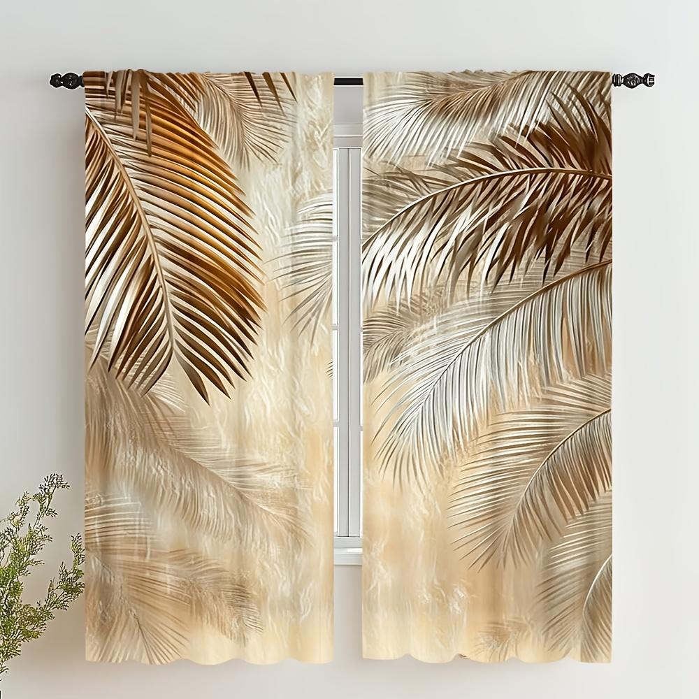 2 Pieces Brown Palm Leaf Print Pattern Curtains   Polyester Fabric   Suitable for Bedroom Living Room Decoration