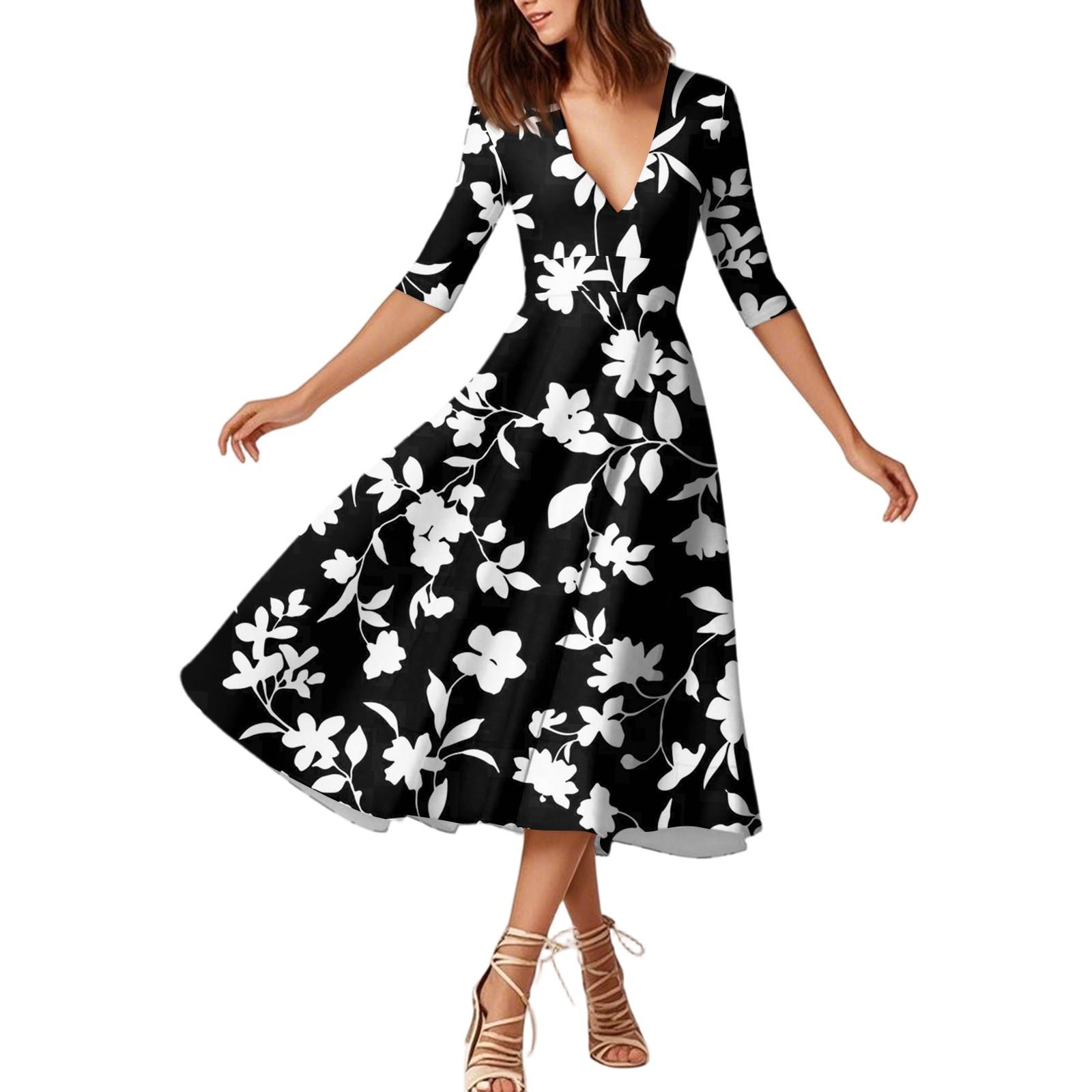 

A Fashionable Mid-Sleeved Mid-Length Dress With Floral Prints And A Sexy V-Neck XL