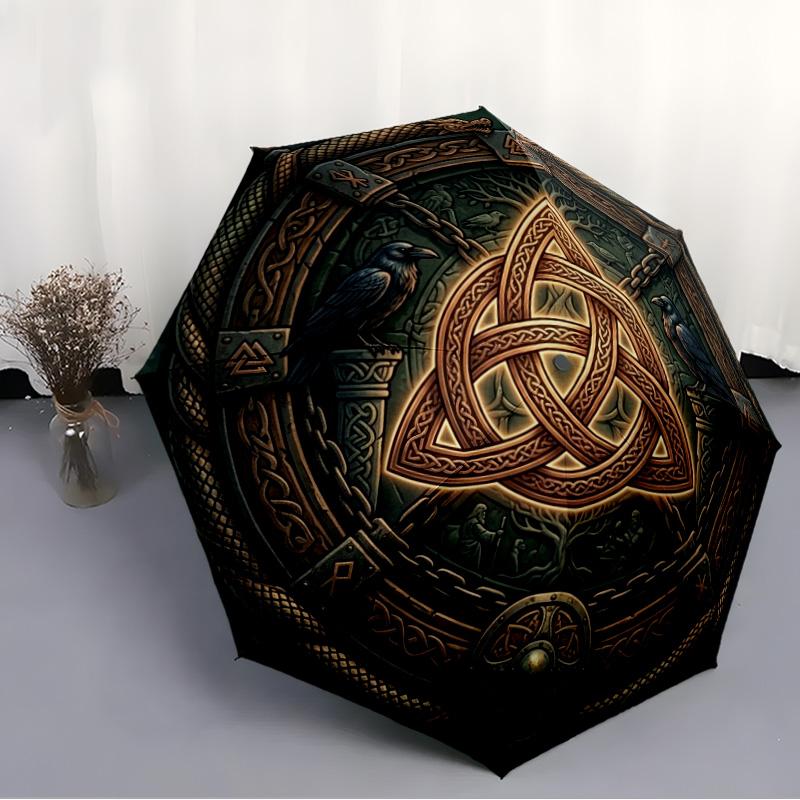 Celtic Symbolism Raven Pattern Umbrella, Portable and Foldable Design, 8 Ribs, a Casual Accessory for Halloween, Christmas, and Birthday Gifts.