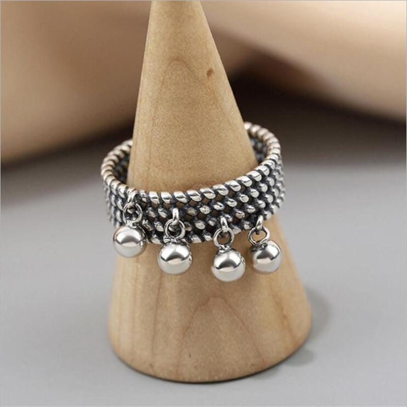 New Creative Tassel Round Beads Smooth 925 Sterling Silver Jewelry Retro Multi-layer Braided Personality Opening Rings TYB050