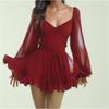 Women Spring Summer Lady Holiday Dresses Hollow Out Lantern Sleeve Mini Dress Sexy Solid V Neck Green Mesh Short Vestidos