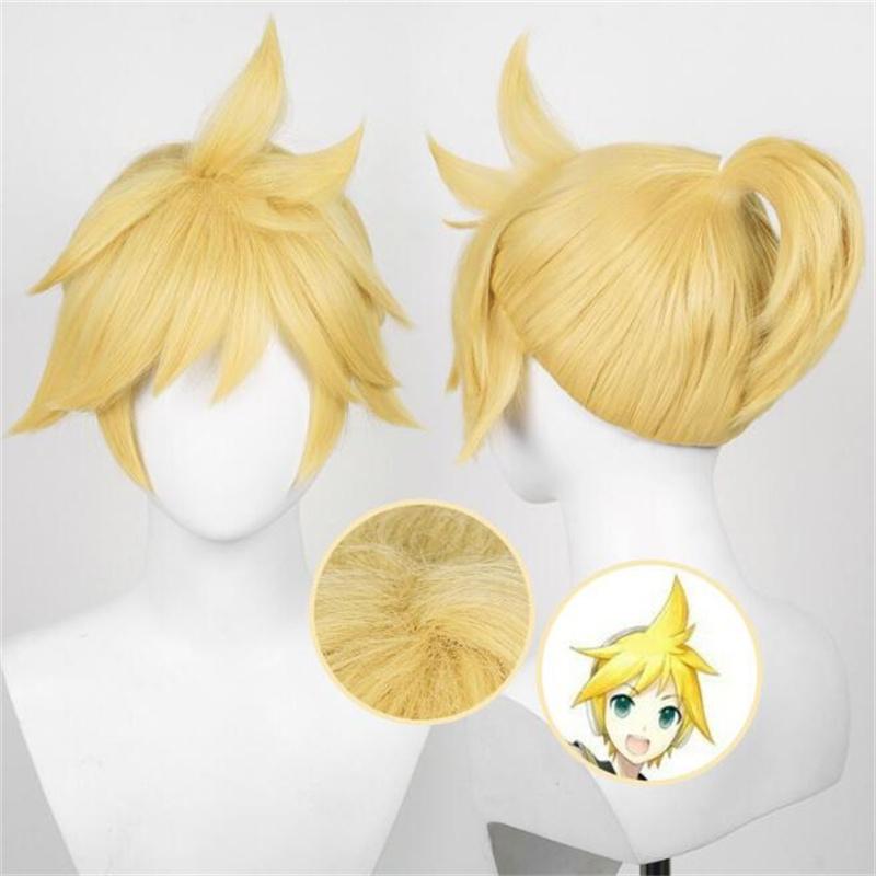 High Quality Anime Len Cosplay Wig Short Golden Blond Pigtail Heat Resistant Synthetic Hair Wigs + Wig Cap