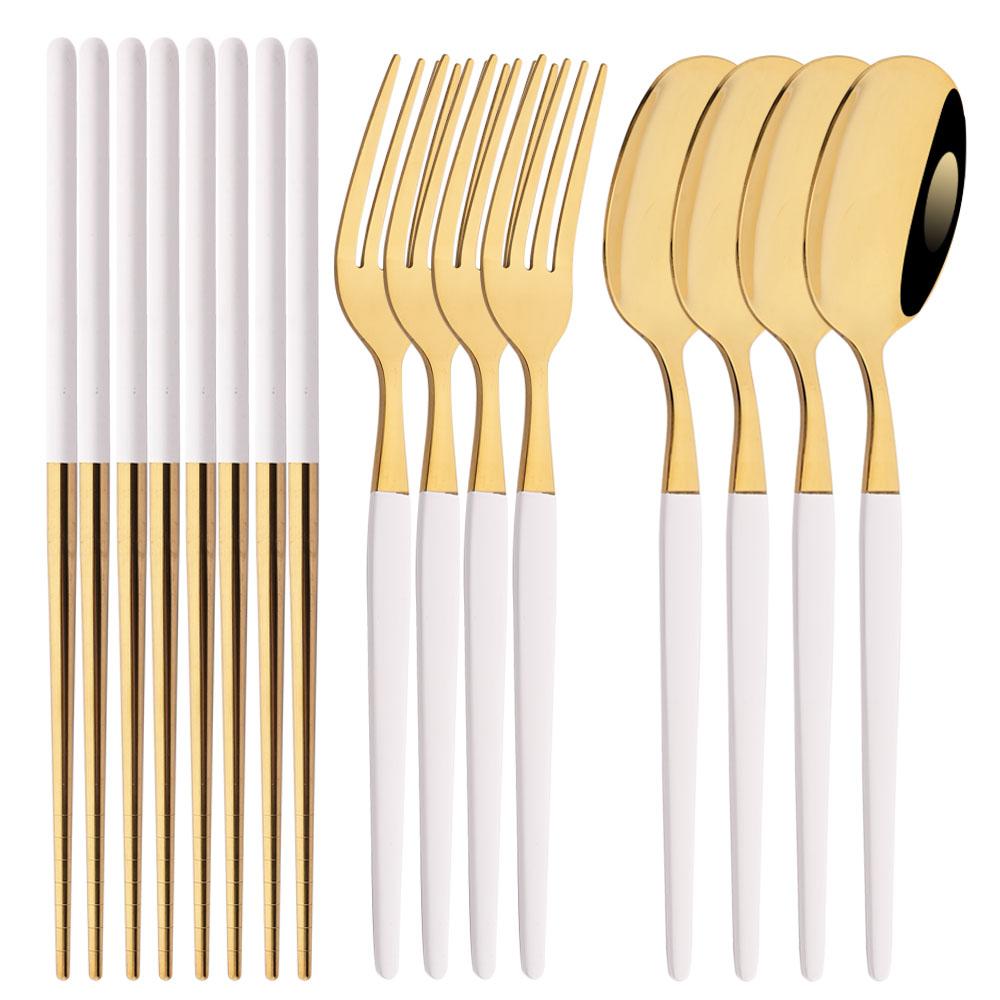 Golden Korean Tableware Set 12Pcs Luxury Mirror Flatware Cutlery Set Stainless Steel Dinnerware Fork Spoon Chopsticks Set