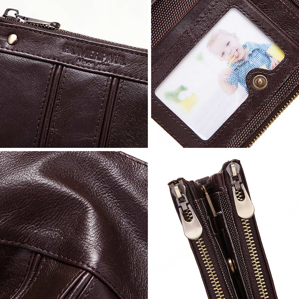 Humerpaul Genuine Leather Bifold Wallet For Men Slim RFID Blocking Credit Card Holder Credential Purse Zipper Coin Purse Male Money Bag