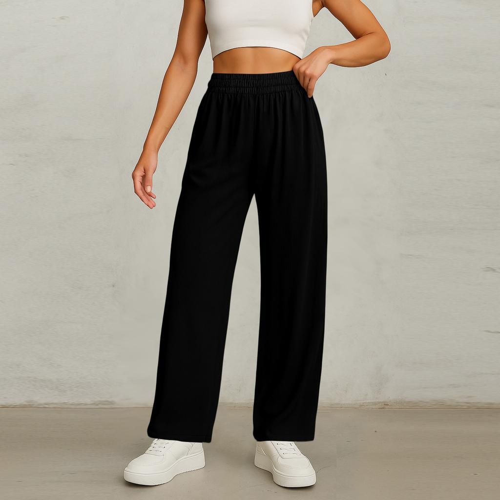 Women's Elastic Waist Wide Leg Pants Baggy Casual Stretch Palazzo Pants With Pockets