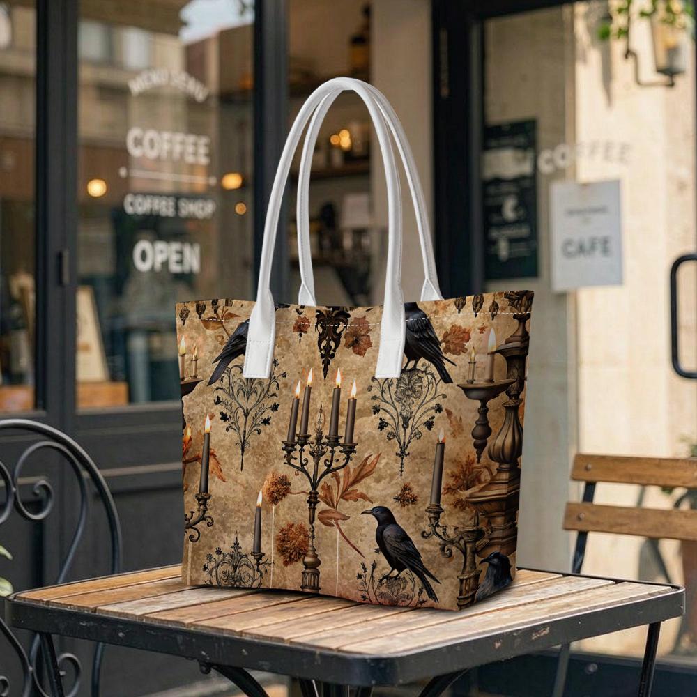 Gothic Crow Candelabra Pattern Tote Bag Vintage Dark Aesthetic Daily Shopping Shoulder Handbag