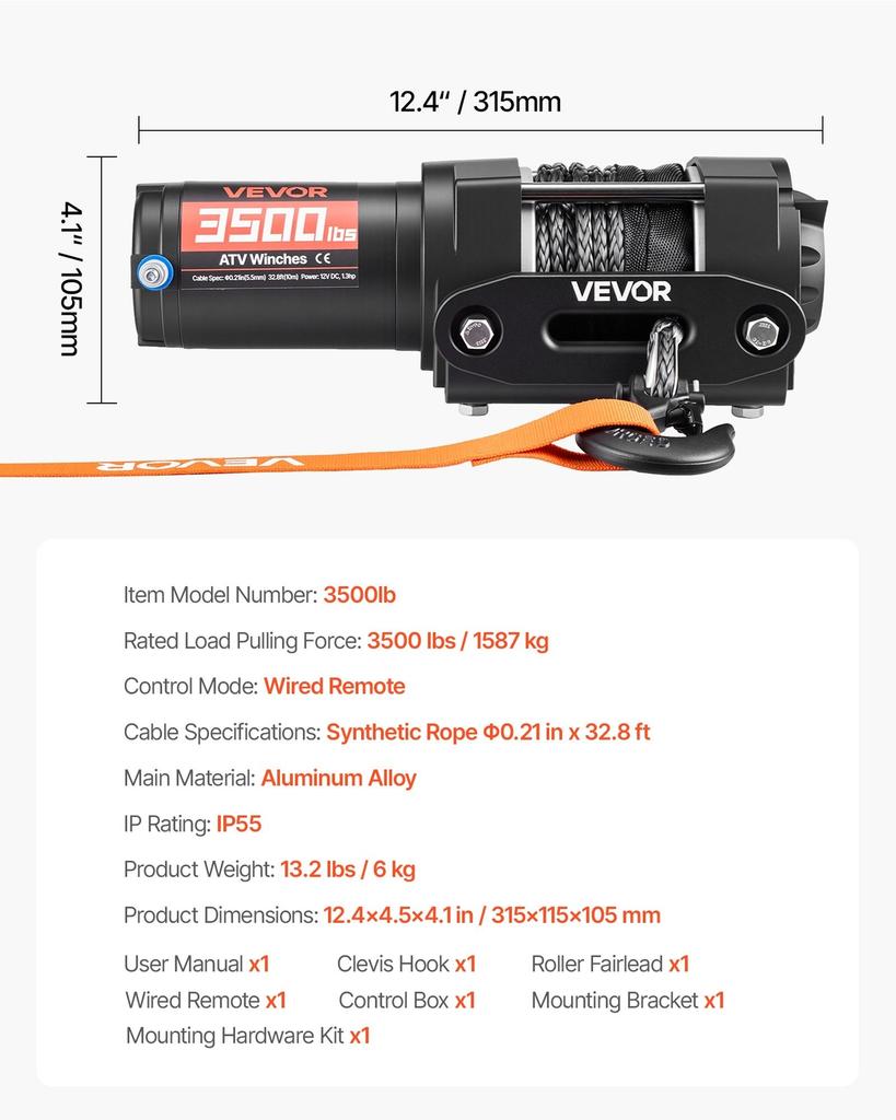 1587 kg Electric Winch, 12V DC ATV/UTV Winch with 5.5 mm x 10 m Synthetic Rope & Wired Remote Control, IP55 Waterproof, Aluminum Housing Fairlead