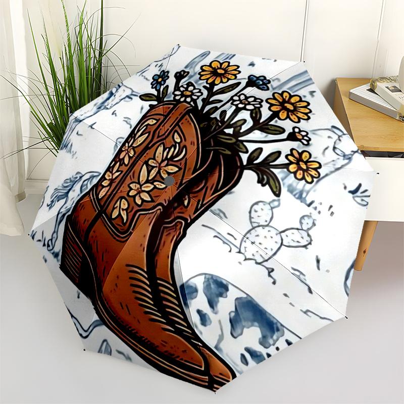 1pc Cowboy Boots Wildflowers Automatic Open/close Umbrella, 8-Rib sturdy structure, Portable Travel Umbrella, Parties, Everyday Use, 22