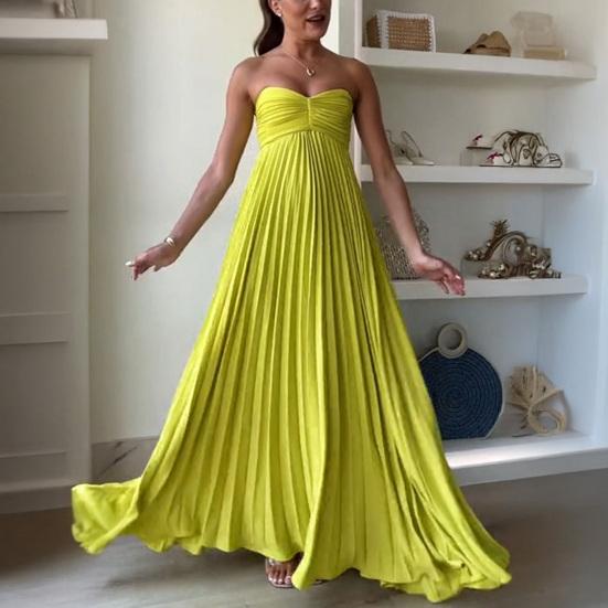 Women's Strapless Tube Top Maxi Dress Off Shoulder Pleated Long Dress with Neck