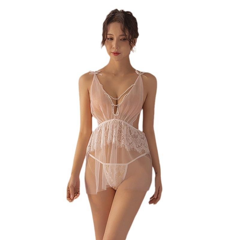 Sexy Lingerie Sexy Perspective Small Chest Bed Passion Pure Desire Pearl Mesh Deep V Hot Hollow Nightdress