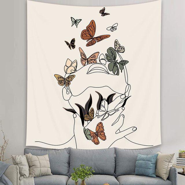 Abstract Woman Tapestry Aesthetic Boho Home Decor Butterfly Fabric Wall Hanging Modern Flower Plant Bedroom Office Decoration