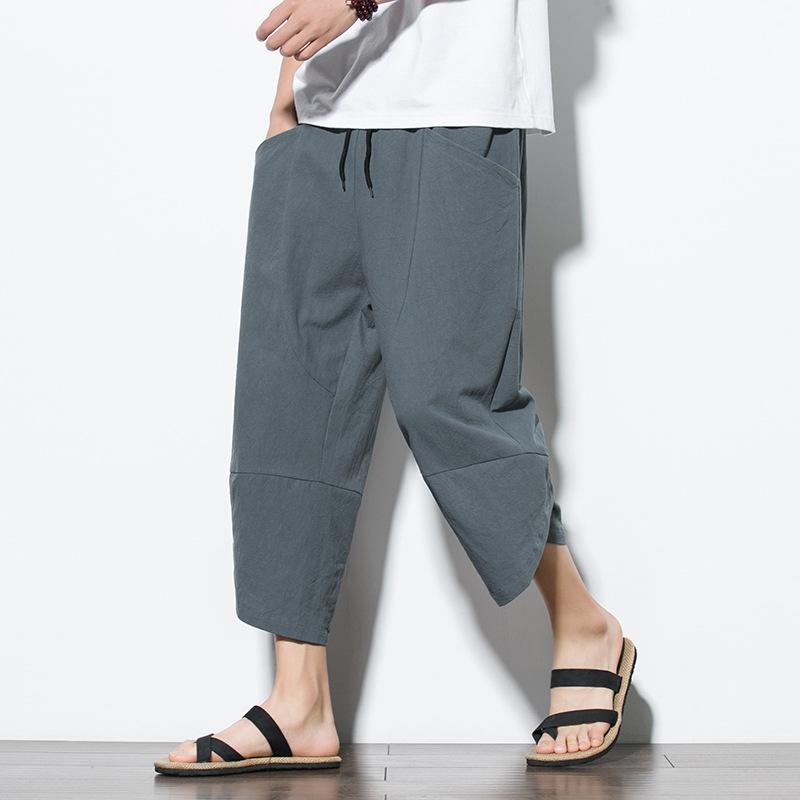 Pantalon Harem Homme Été Style Chinois Coton Lin Streetwear Rétro Shorts de Plage Pantalon Décontracté Mi-Mollet M-5XL