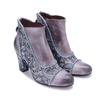 Johnature Women's High Heel Boots Handmade Genuine Leather Splicing Printed Thick Heel Short Boots