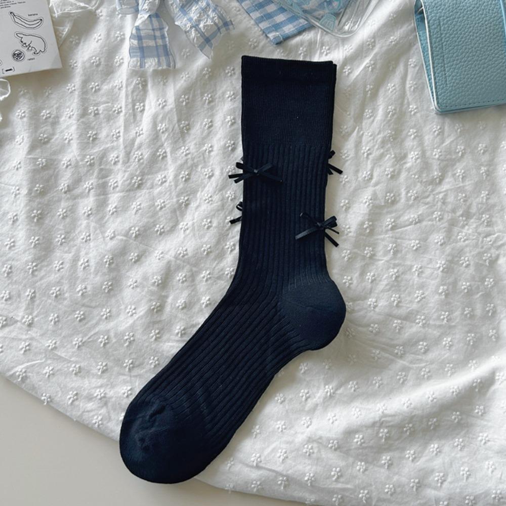 Ballet Style Solid Color Bow Mid Tube Socks Summer Cotton Lightweight Breathable Fashionable Soft Comfortable Casual Women Socks