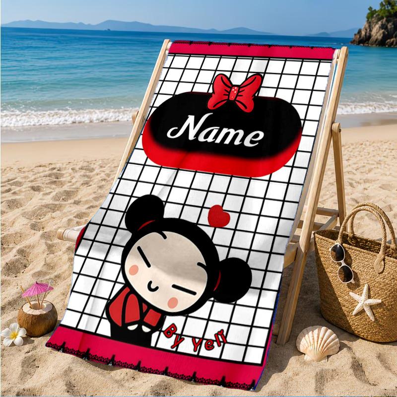 Custom Name Heartfelt Pucca Moment Beach Towel Microfiber Beach Towel, Lightweight and Quick-Dry, for Summer Travel, Swimming Pool Gift